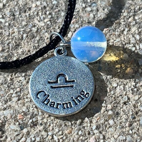 LIBRA IRON ZODIAC AND MOONSTONE PLANET CHARM BLACK SILK CORD NECKLACE - Picture 2 of 6